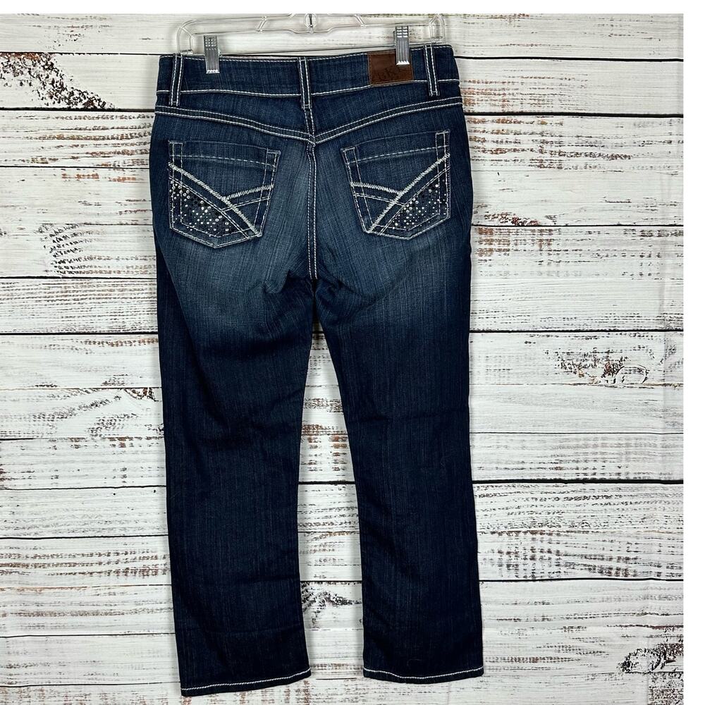 BKE Denim Culture Embellished Dark Wash Boot Cut Low Rise Crop Jeans Womens 28